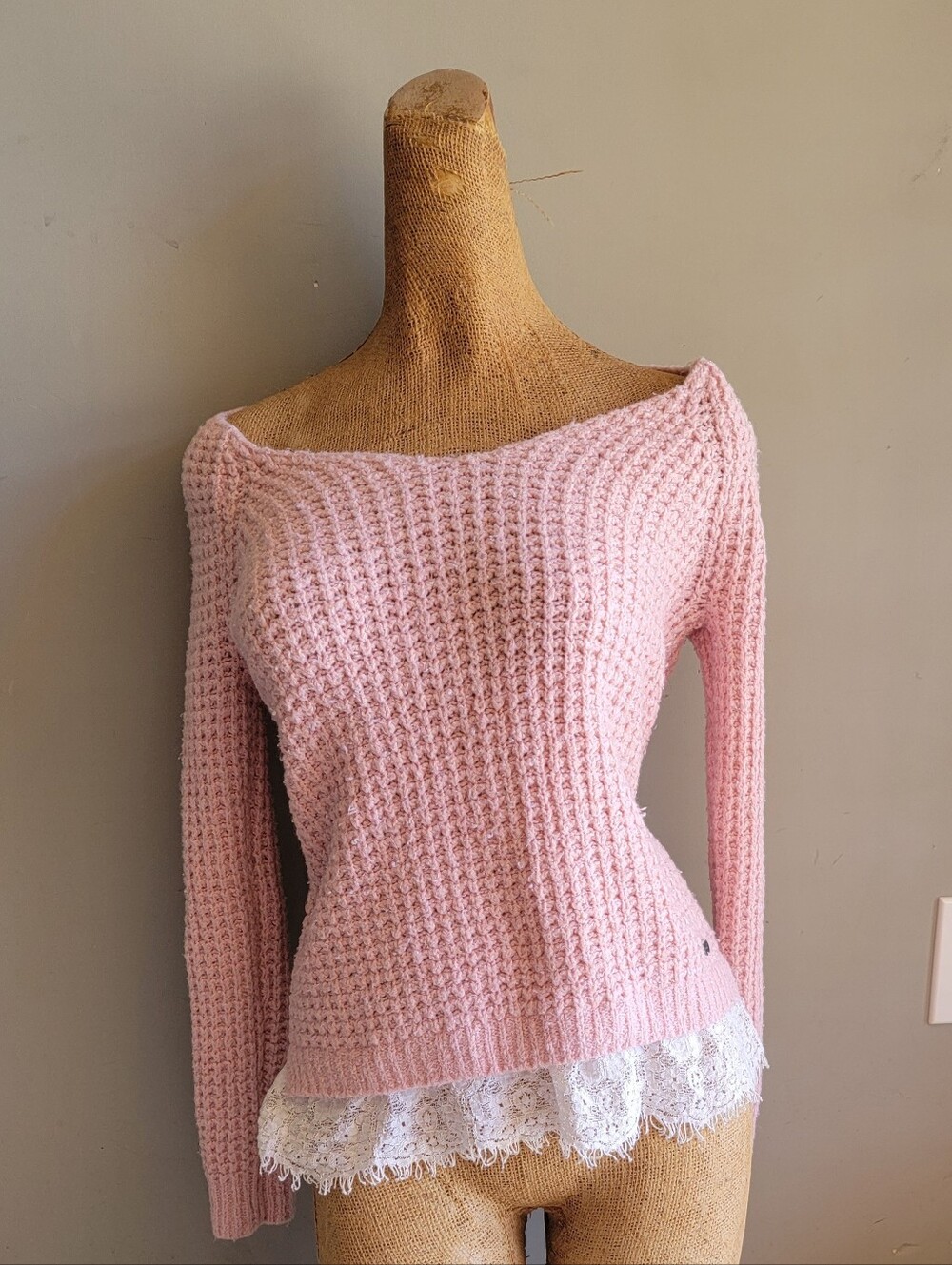 Hollister Pink Off-the-Shoulder Lace-Hem Sweater